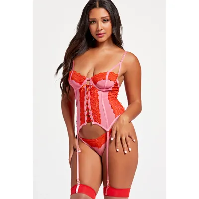 Sugar Pop 2 Piece Red Pink Bustier Set with Panty Removable Garters By Seven Til Midnight