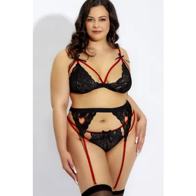 Wild Secrets Evie 3 Piece Lace Bra Set with Garter Belt Thong