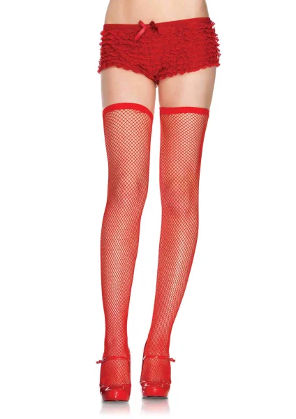 Elastic Top Fishnet Thigh Highs - One Size - Red
