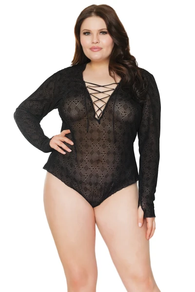 Plus Size Lace Up V-Neck Long Sleeve Romper