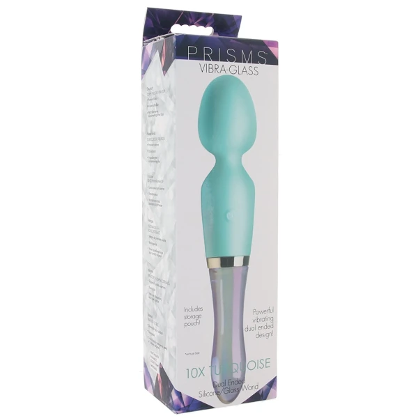 Prisms Vibra-Glass 10X Turquoise Rechargeable Silicone & Glass Dual Ended Wand Style Vibrator