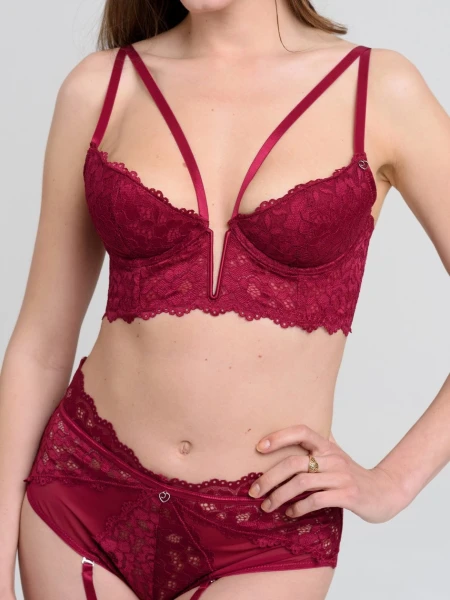 Lovehoney Parisienne Wine Plunge Longline Bra and Crotchless Thong Set