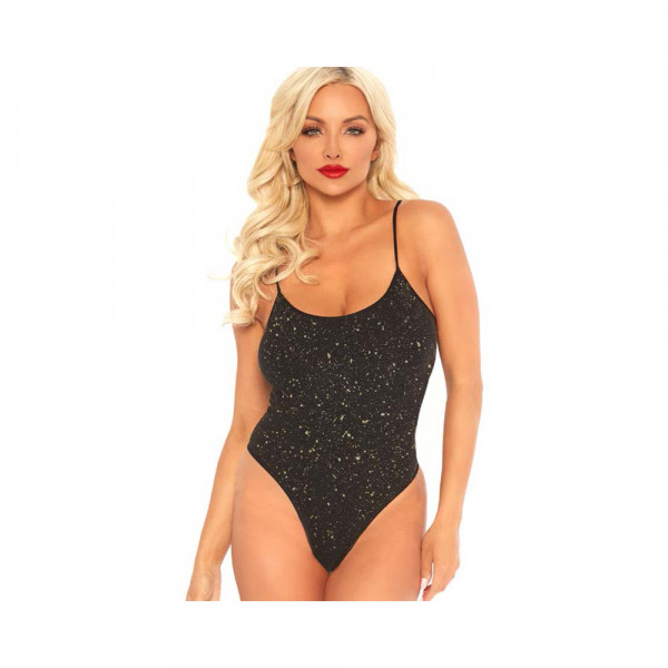 Shimmer Lurex Opaque Thong Back Bodysuit. Black/gold O/s
