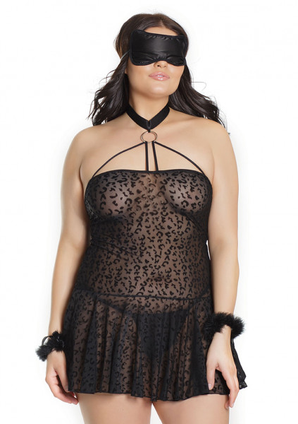 Kitty Leopard Babydoll with Cuffs & Eye Mask - Black - Sexy Lingerie Stockings