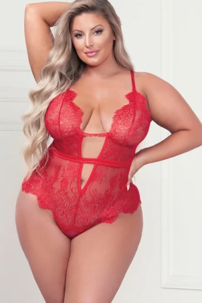 Seven Til Midnight Eyelash Kisses Red Lace Teddy with Satin Ribbon Belt Detail