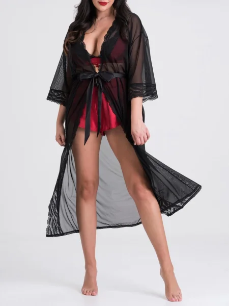 Lovehoney Plus Size Empress Black Mesh Long Robe