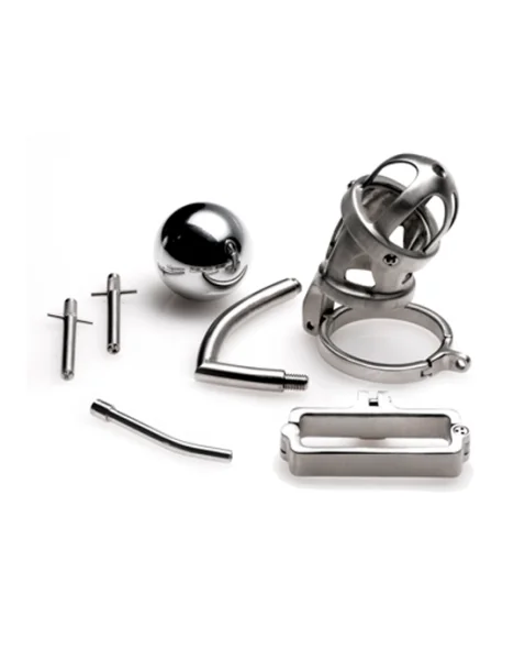 Deluxe Chastity Cage With Accessories - Silver