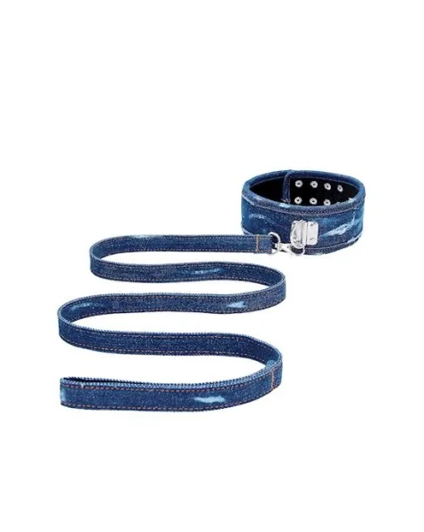 Denim Collar - With Leash - Roughened Denim Style  - Blue - O/s