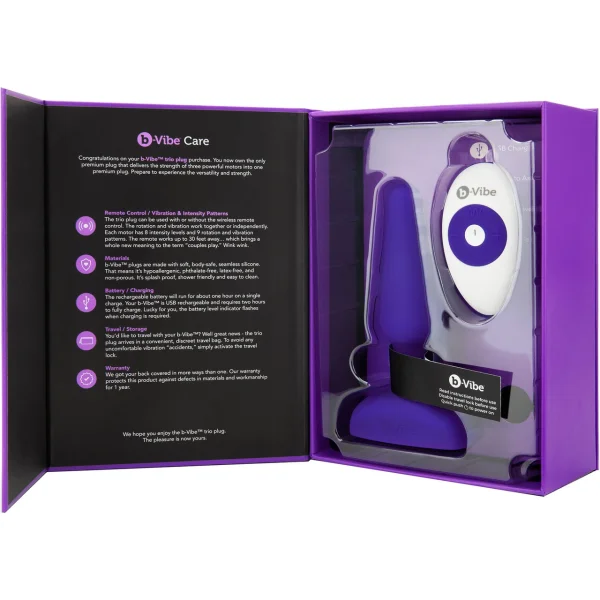 b-Vibe Trio Plug Waterproof Remote Control Vibrating Anal Toy - Purple