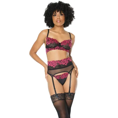 Sheer Lace Bra Garter Belt G String