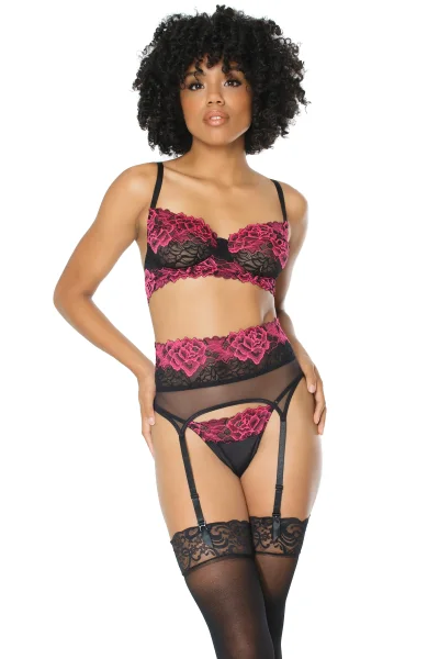 Sheer Lace Bra, Garter Belt & G-String