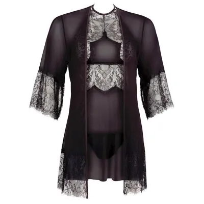 3 Piece Negligee Kimono And Thong Set Black Small