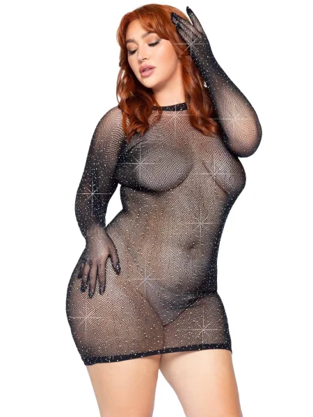 Rhinestone Fishnet Gloved Dress - 1x-2x