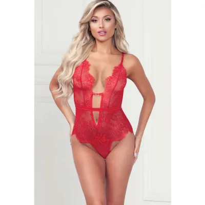 Seven Til Midnight Eyelash Kisses Red Lace Teddy with Satin Ribbon Belt Detail