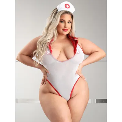 Fantasy Lingerie Plus Size Pulse Check Red and White Wet look Nurse Costume