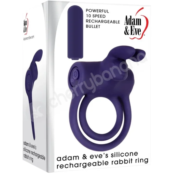 Adam & Eve Silicone Rechargeable Rabbit Blue Double Cock Ring With Removable Bullet Vibe