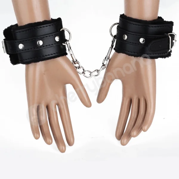 Cherry Banana Dare Black Faux Leather Fluffy Wrist Cuffs