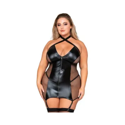 Dreamgirl Stretch Faux leather And Fishnet Garter Slip Queen