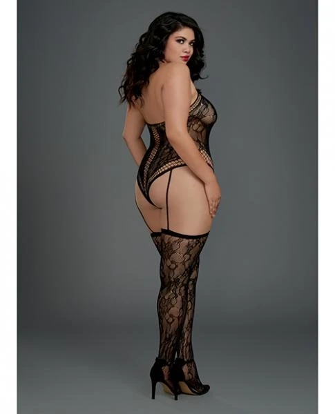 Lace Halter Teddy Bodystocking Garters & Thigh Highs Black O/S