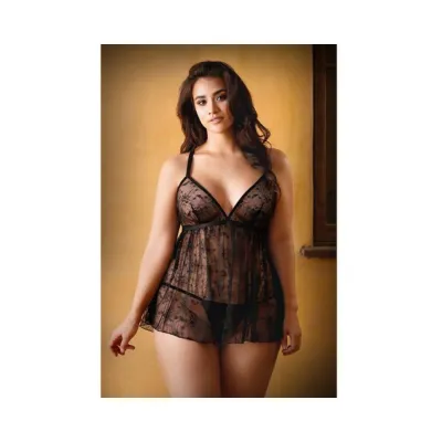 Curve Elena Lace Babydoll With Criss Cross Back Detail And Matching Panty 3x 4x Black