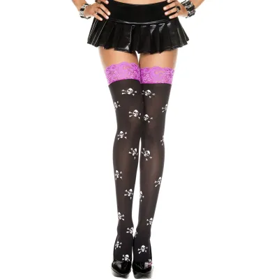 Lace Top Cross Skull Print Opaque Thigh Hi One Size Black Purple