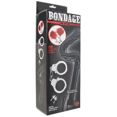 Bondage Whip Feather Clamps Cuffs Set in Red