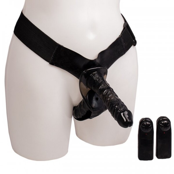 Bondara Two-Timer Black Vibrating Double Strap-On – 7 Inch