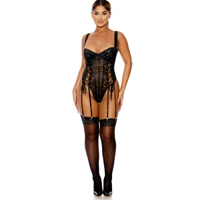 Forplay Lovebound Black Lace Corset Teddy with Garters