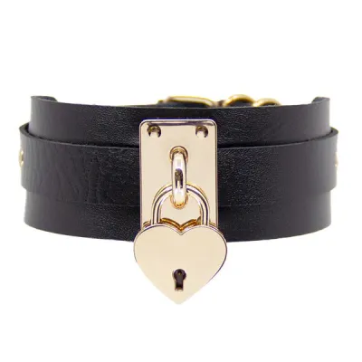 Love In Leather Faux Leather Collar with Gold Padlock