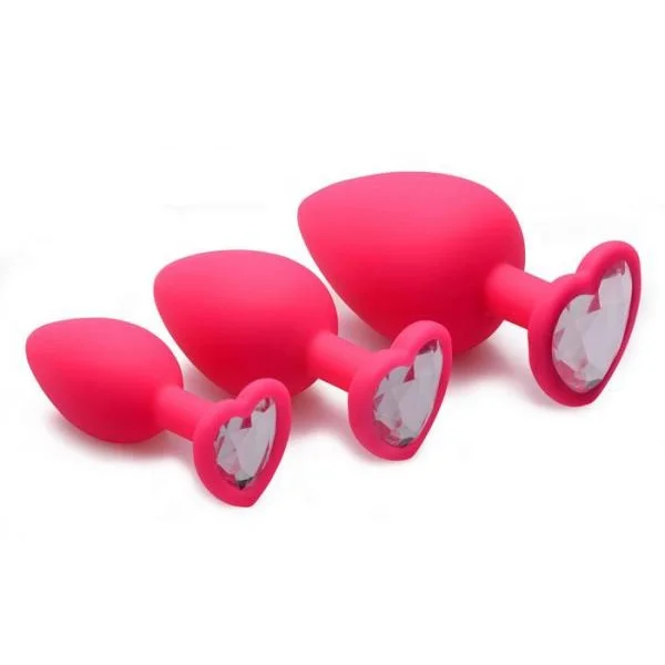 Pink Hearts 3 Piece Silicone Anal Plugs with Gems