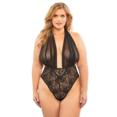 Mesh Plunge Halter Teddy Queen Size Black
