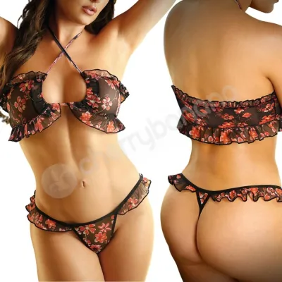 Vixen Heat Waves Black Red Floral Halter Top Thong Panty O S