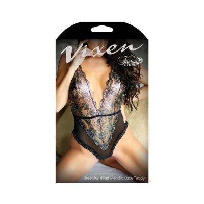 Vixen Steel My Heart Silver Metallic Lace Teddy