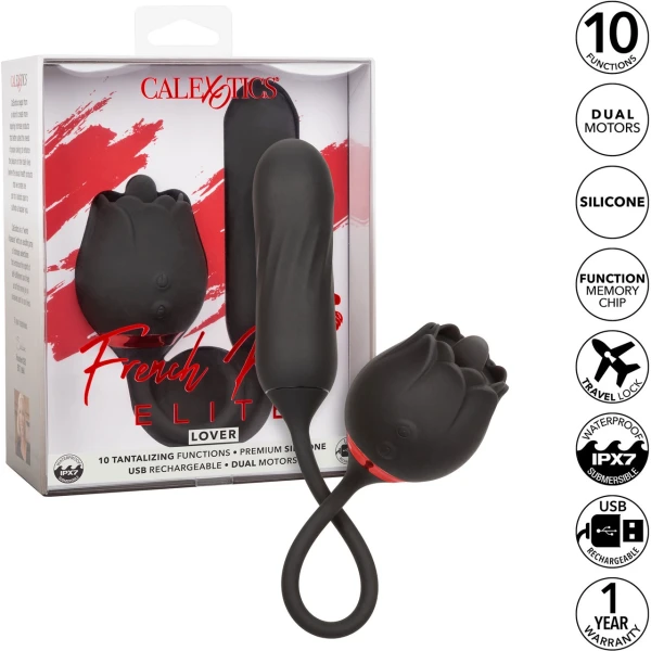 French Kiss Elite Lover Rotating Bullet Vibe & Flickering Tongue Clitoral Stimulator By CalExotics - Black