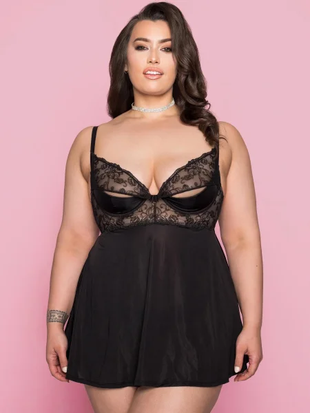 Lovehoney Plus Size Lotus Black Sheer Embroidered Chemise Set
