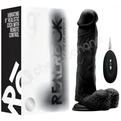 Realrock Vibrating 9 Black Realistic Cock With Scrotum