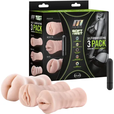 M For Men Self Lubricating Vibrating Stroker Sleeve Kit 3 Pack Penis Masturbators By Blush