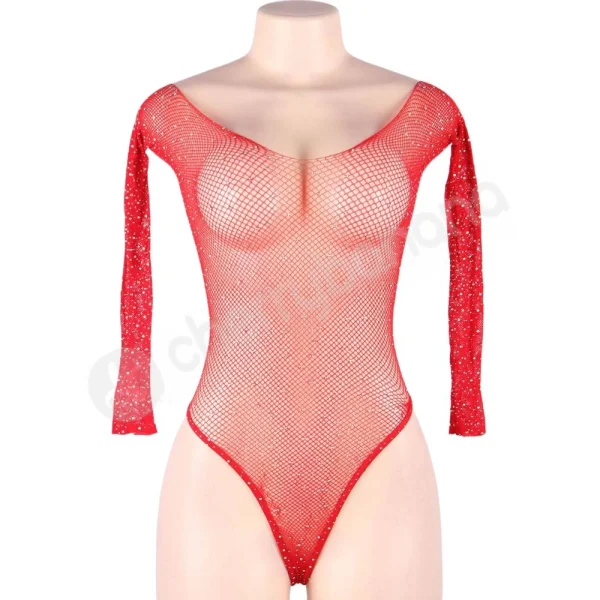 Cherry Banana Red & Rhinestone Fishnet Long Sleeve Bodysuit