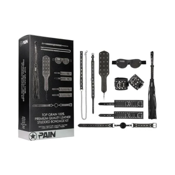 Ouch! Pain 7-piece Set - Leather Studded Bondage Kit - Black — image 2 of 2