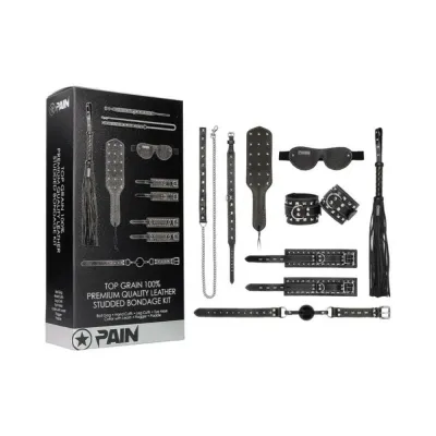 Ouch Pain 7 piece Set Leather Studded Bondage Kit Black