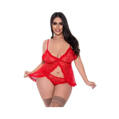 Magic Silk Ooh La Lace Babydoll Split Crotch Panty Set Red Queen
