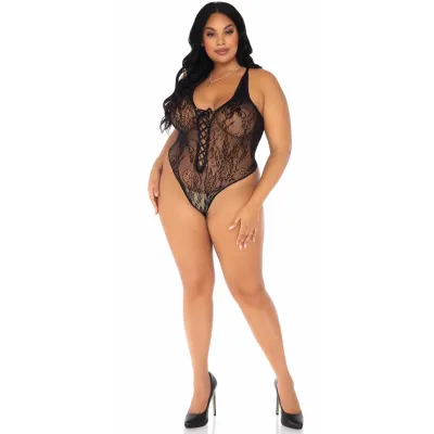 Floral Lace Thong Teddy 1x 2x Black
