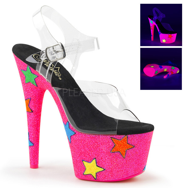 7 inches Heel, 2 3/4 inches PF UV Reactive Ankle Strap Sandal W/Stars