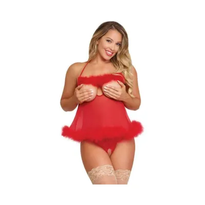 Magic Silk Marabou Cupless Crotchless Babydoll Set Red S m