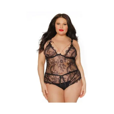 Black Label Crotchless Teddy With Tie up Triangle Cups Black rose Gold Osq