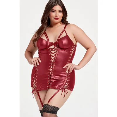 Seven Til Midnight Riveting 2 Piece Red Vegan Leather Chemise Set with G String