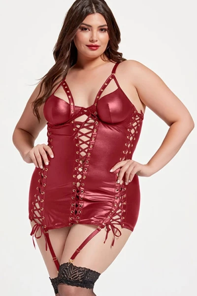 Seven Til Midnight Riveting 2 Piece Red Vegan Leather Chemise Set with G String