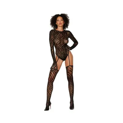 Women s Lingerie Dreamgirl Animal Print Fishnet Gloved Suspender Teddy Bodystocking With Keyhole Back Black O s