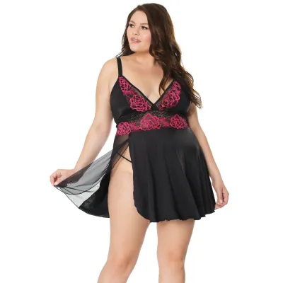 Plus Size Floral Embroidered Black Stretch Babydoll