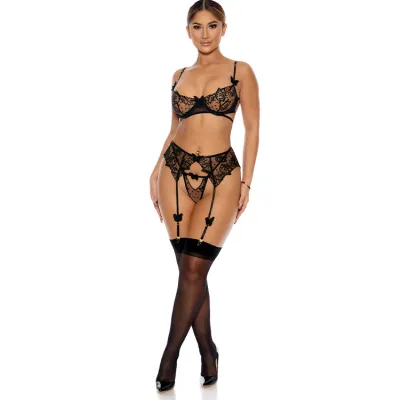 Forplay Flutter By 3 Piece Black Bra Set with Garter Belt Panty